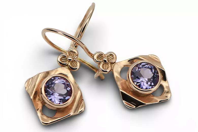 Kolczyki z 14k czerwone różowe złoto 14k 583 z Alexandrite vec017r ZSRR Styl Vintage Art Deco